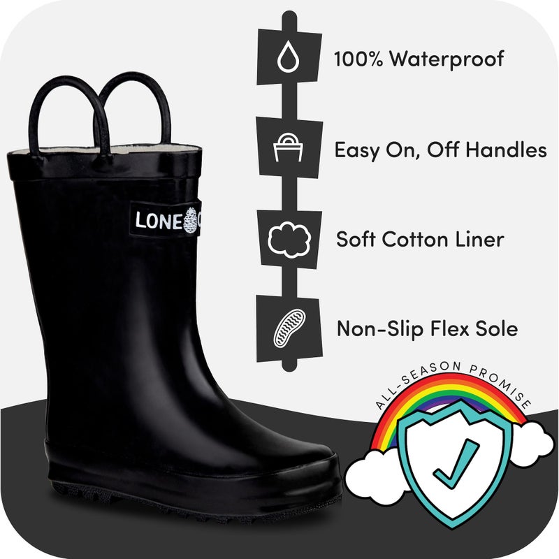 LONECONE Rain Boots with Easy-On Handles in Solid Colors for Boys and Girls, Play-Proof Flexible Rubber, Durable Non-Slip Treads, Kid-Friendly for Hours of Joy - Shiny Black, 8 Toddler - Image 2